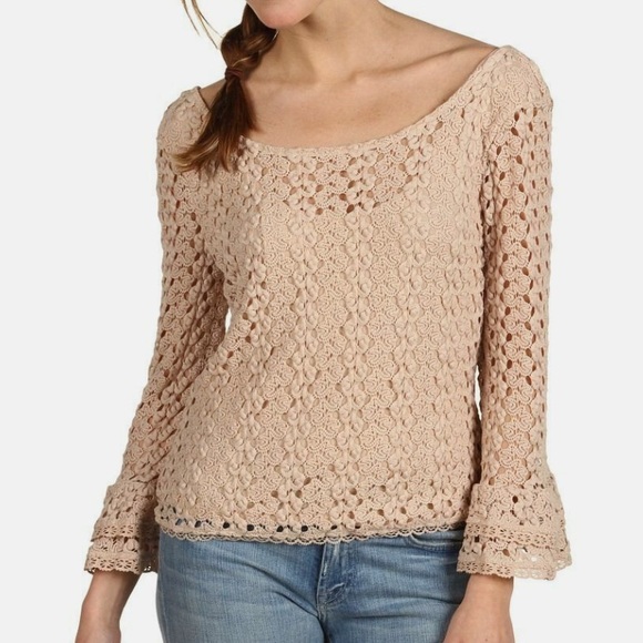 FREE PEOPLE NUDE/TAN KNIT ROCHELLE GYPSY LACE BELL SLEEVE TOP - Picture 4 of 6